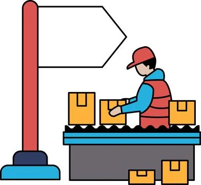 A man is working in a factory, surrounded by boxes Stock Illustration