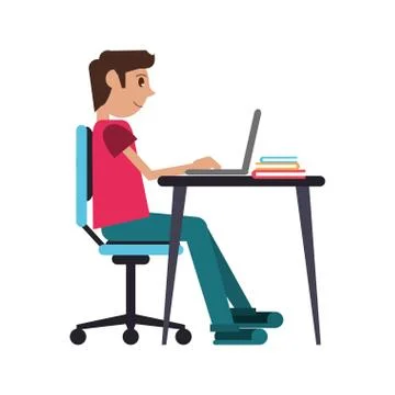 Man working front computer with pc books Stock Illustration