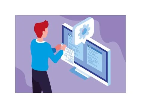 Man working in front of computer screen Illustrazione stock