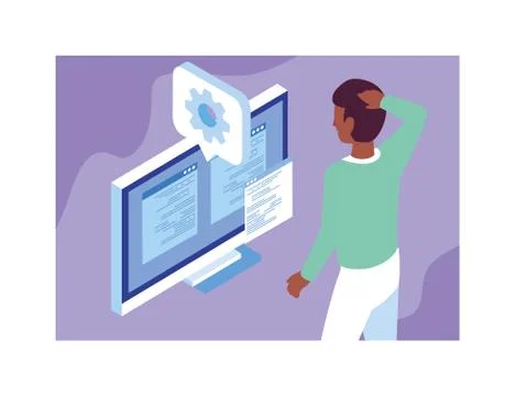 Man working in front of computer screen Illustrazione stock