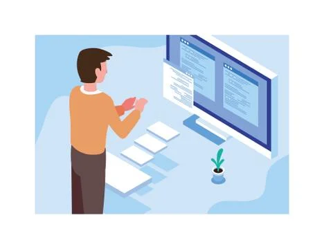 Man working in front of computer screen 스톡 일러스트