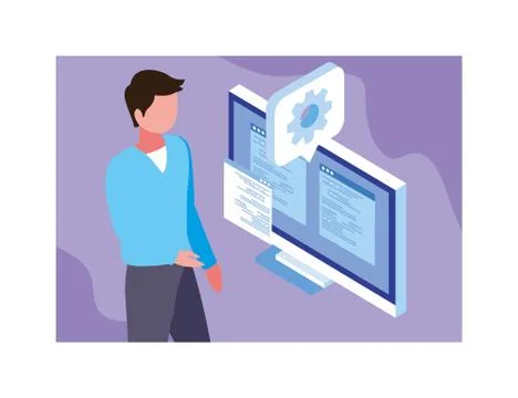 Man working in front of computer screen Stock Illustration