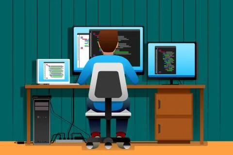 Man Working in Front of His Computer Stock Illustration