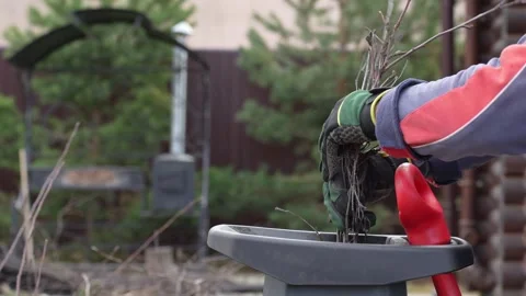 Man working in the garden, chopping branches with a garden shredder Video stock 272139825