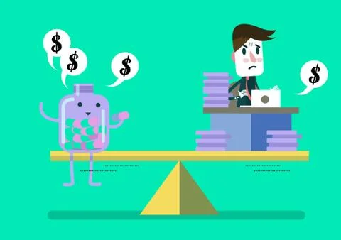 Man working hard compare with pill bottle (medical fee). Stock Illustration