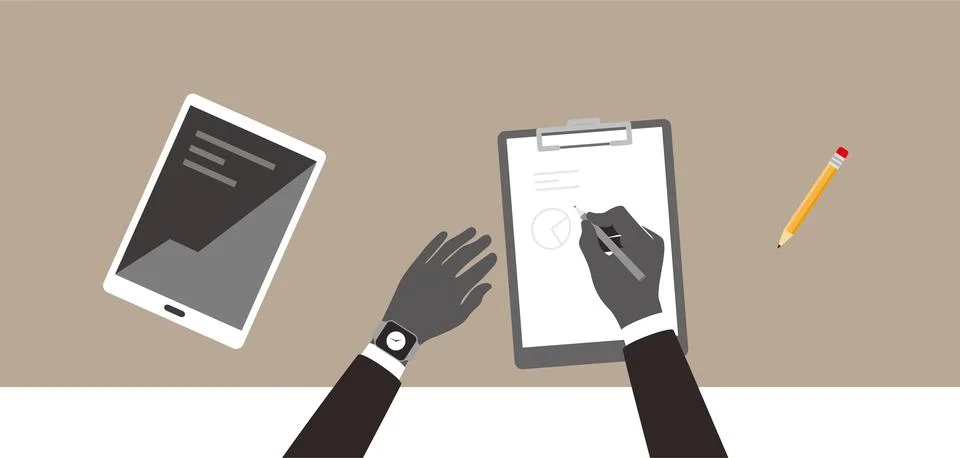 Man working hard, writing something on the paper Stock Illustration