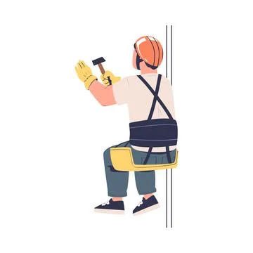 Man Working at Height with Hammer Suspended on Rope and Hanging with Harness Illustrazione stock