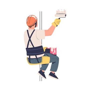 Man Working at Height with Paint Roller Suspended on Rope and Hanging with Ilustración de archivo