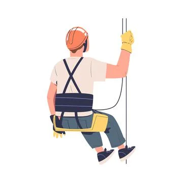 Man Working at Height Suspended on Rope and Hanging with Harness Engaged in Illustrazione stock