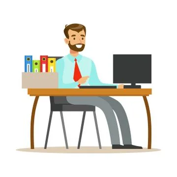 Man Working At His Desk With Computer And Folders, Part Of Office Workers Series Illustrazione stock