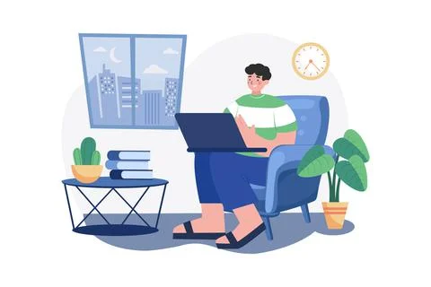 Man Working On His Laptop On The Sofa At Home Illustrazione stock