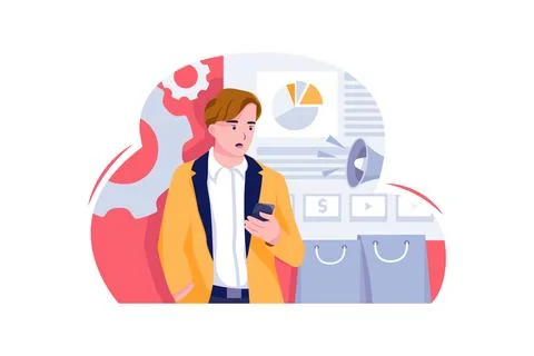 The man is working on his phone between digital marketing elements. Stock Illustration