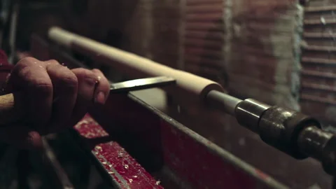 Man working on his wood turning lathe machine Stock Footage 147106961