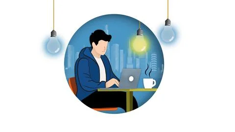 Man working from home, boy works remotely with laptop Stock Illustration