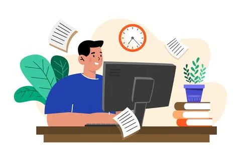 Man working at home on a computer Illustrazione stock