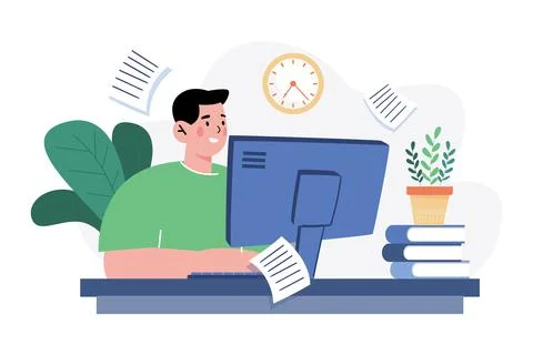 Man Working At Home On A Computer Illustrazione stock
