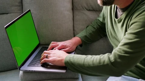 Man Working from Home- Custom Green Screen Laptop Stock Footage 322079485