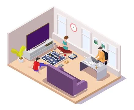 Man working at home isometric vector illustration Stock Illustration
