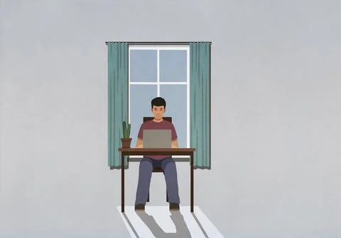 Man working from home at laptop in window Stock Illustration