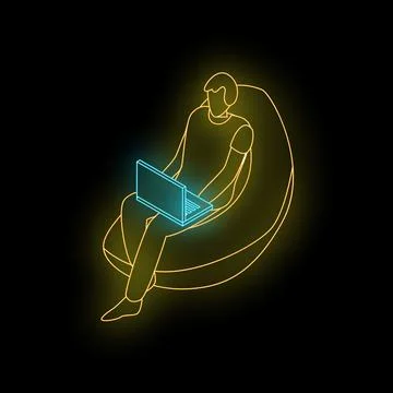 Man working from home sitting on sofa using laptop neon illustration Stock Illustration