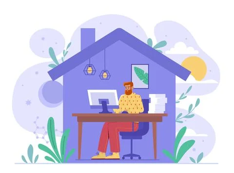 Man working from home. Young guy sits at computer with stack of papers 库存插图