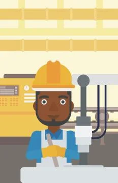 Man working on industrial drilling machine Illustrazione stock