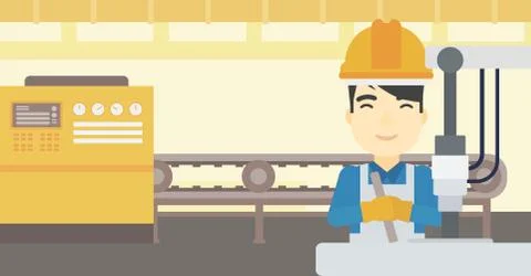 Man working on industrial drilling machine 스톡 일러스트