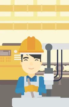 Man working on industrial drilling machine 스톡 일러스트