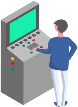 Man working with industrial electronic device. Worker pressing button at control Illustrazione stock
