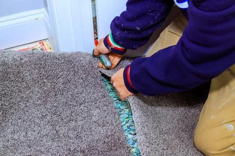 Man working on installing carpet in room Stock Photos