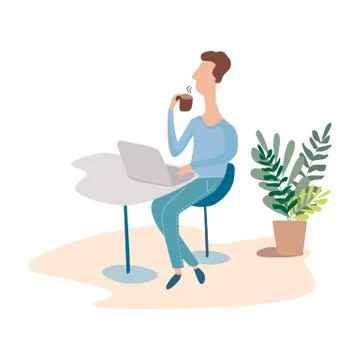 Man working on internet using laptop and drinking coffee. work at home. trave Stock Illustration
