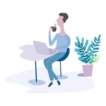 Man working on internet using laptop and drinking coffee. work at home. trave Stock Illustration