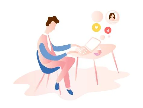 Man working on internet using laptop and drinking coffee. work at home. trave Stock Illustration