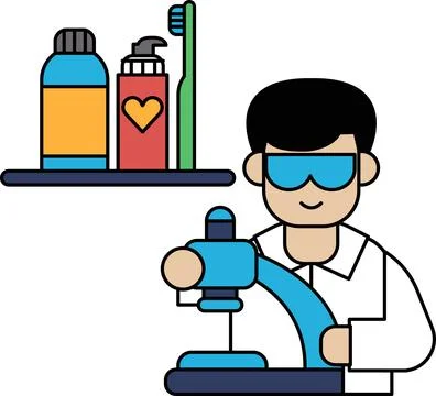 A man is working in a lab with a bottle of toothpaste on a shelf 库存插图