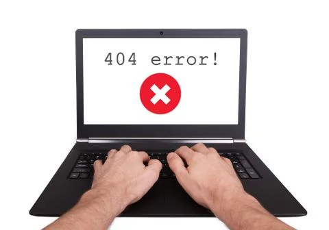 Man working on laptop, 404 error Foto stock