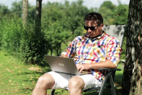 Man working on a laptop and sitting in the garden Stock-Footage 33995077