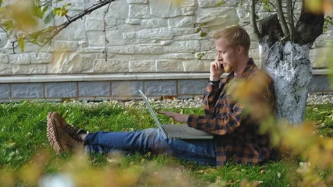 Man working on a laptop and talking on the phone while sitting under a tree Stock Footage 200825535