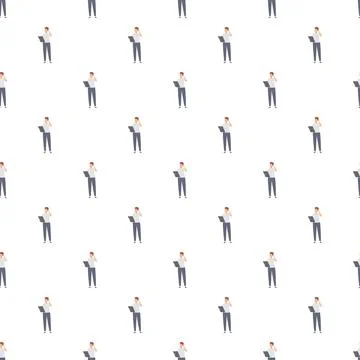 Man working on laptop and talking on phone pattern Stock Illustration