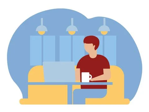 Man working on laptop in cafe. 스톡 일러스트