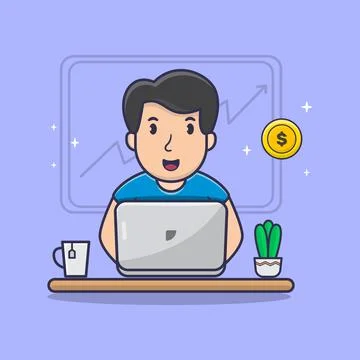 Man Working on Laptop cartoon vector illustration. Man Mining Coin on laptop Stock Illustration