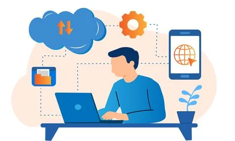 Man working on laptop with cloud computing icons with data storage Stock Illustration