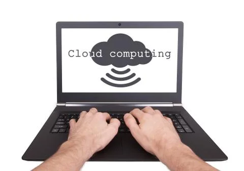 Man working on laptop, cloud computing Foto stock