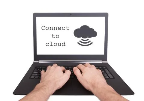Man working on laptop, cloud computing Foto stock