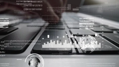 Man working on laptop computer keyboard with graphic user interface GUI hologram Stockbeeldmateriaal 125935783
