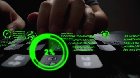 Man working on laptop computer keyboard with graphic user interface GUI hologram Stockbeeldmateriaal 125935827