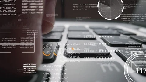Man working on laptop computer keyboard with graphic user interface GUI hologram Stockbeeldmateriaal 126307391