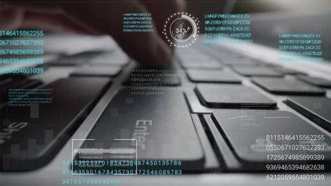 Man working on laptop computer keyboard with graphic user interface GUI hologram Stockbeeldmateriaal 126802525