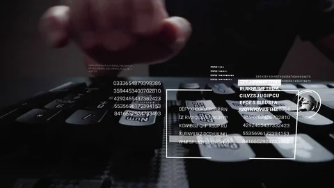 Man working on laptop computer keyboard with graphic user interface GUI hologram Vidéo 127326702