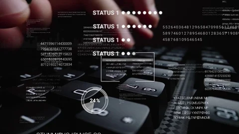 Man working on laptop computer keyboard with graphic user interface GUI hologram Stockbeeldmateriaal 127672176