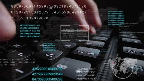 Man working on laptop computer keyboard with graphic user interface GUI hologram Stockbeeldmateriaal 128214039